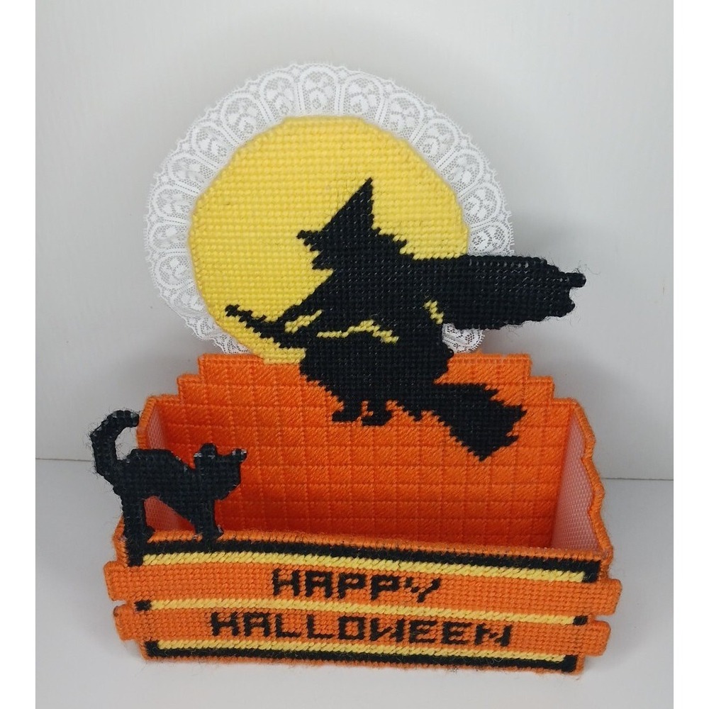 Vintage Witch Crescent‎ Moon Black Cat Halloween Needlepoint Candy Napkin Basket
